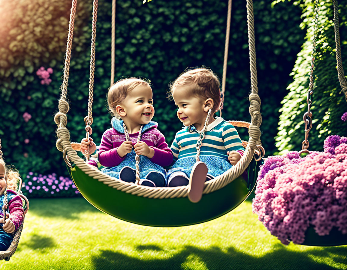 Joyful toddlers on swing in lush greenery with purple flowers and sunlight.