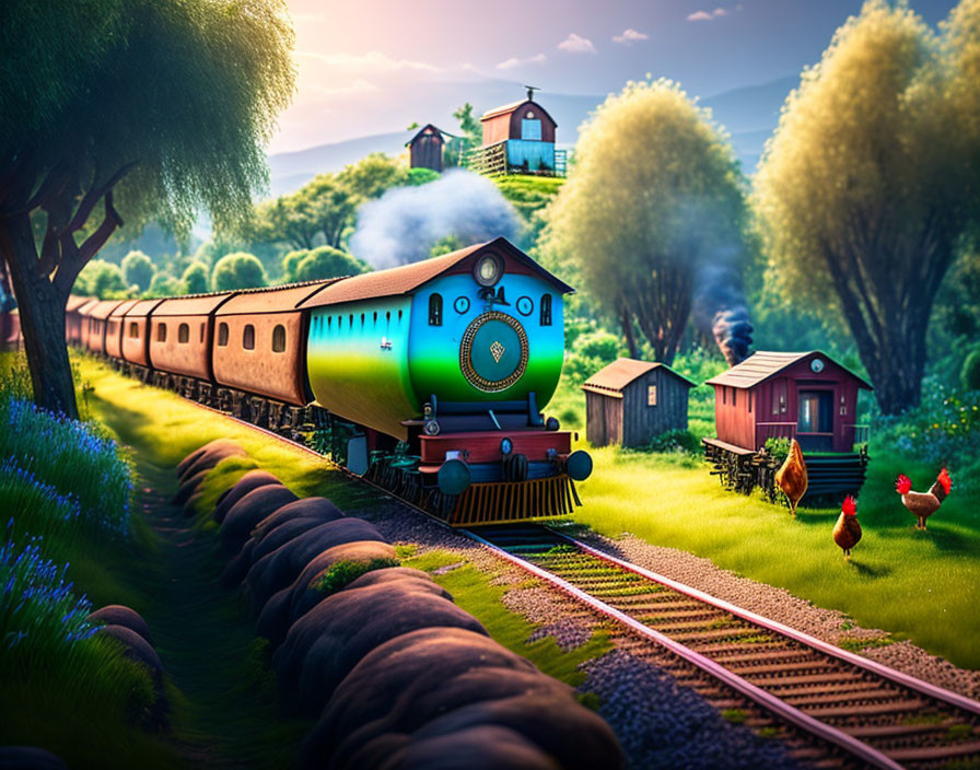 Colorful Vintage Train Illustration in Countryside Setting