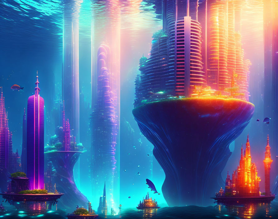 Futuristic underwater city with illuminated skyscrapers and marine life