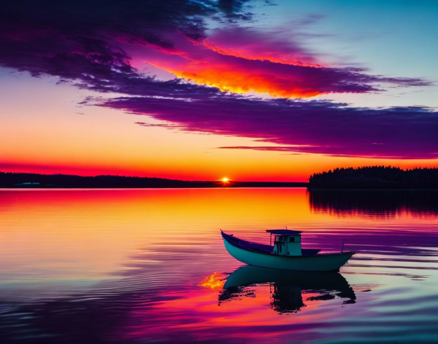 Colorful sunset reflected in calm lake with lone boat