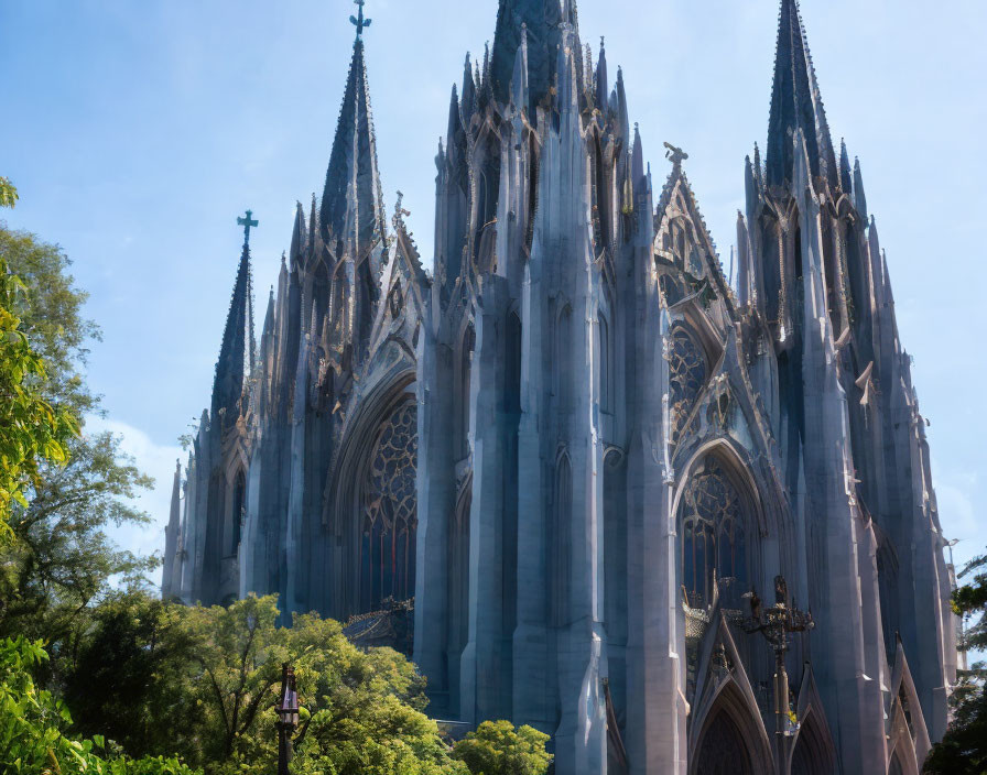 Gothic Cathedral with Spires in Blue Sky and Greenery