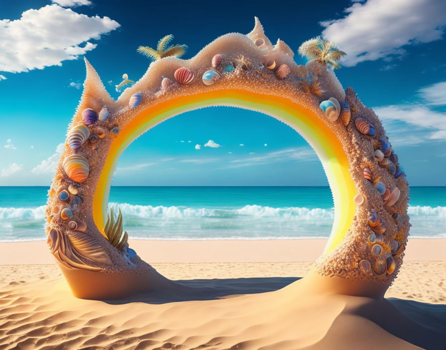 Surreal arch with seashells and coral on sandy beach under blue sky