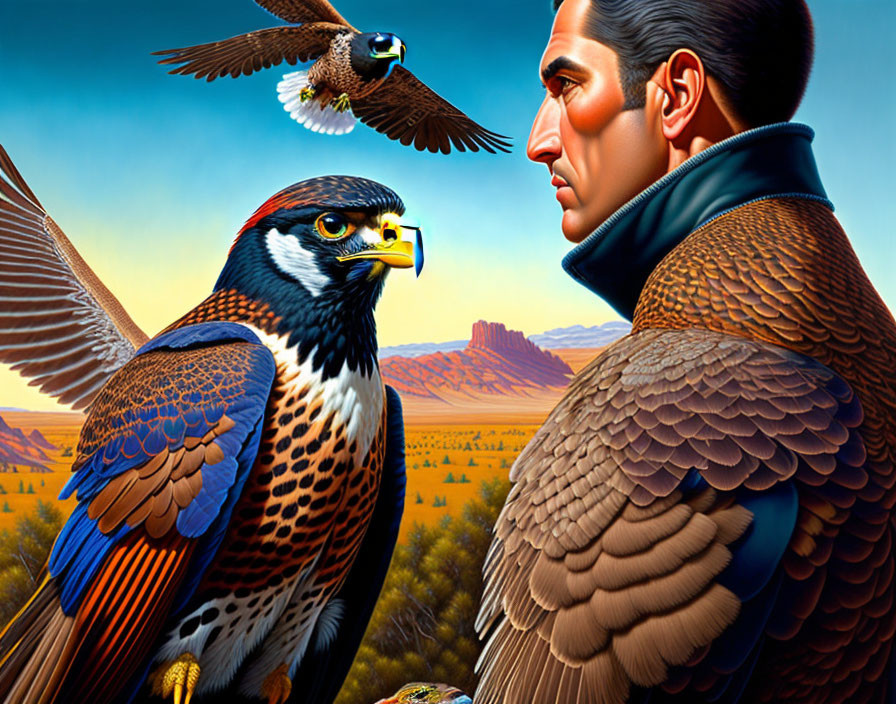 Detailed Illustration of Man with Aquiline Nose Profile and Falcon in Mesas Landscape