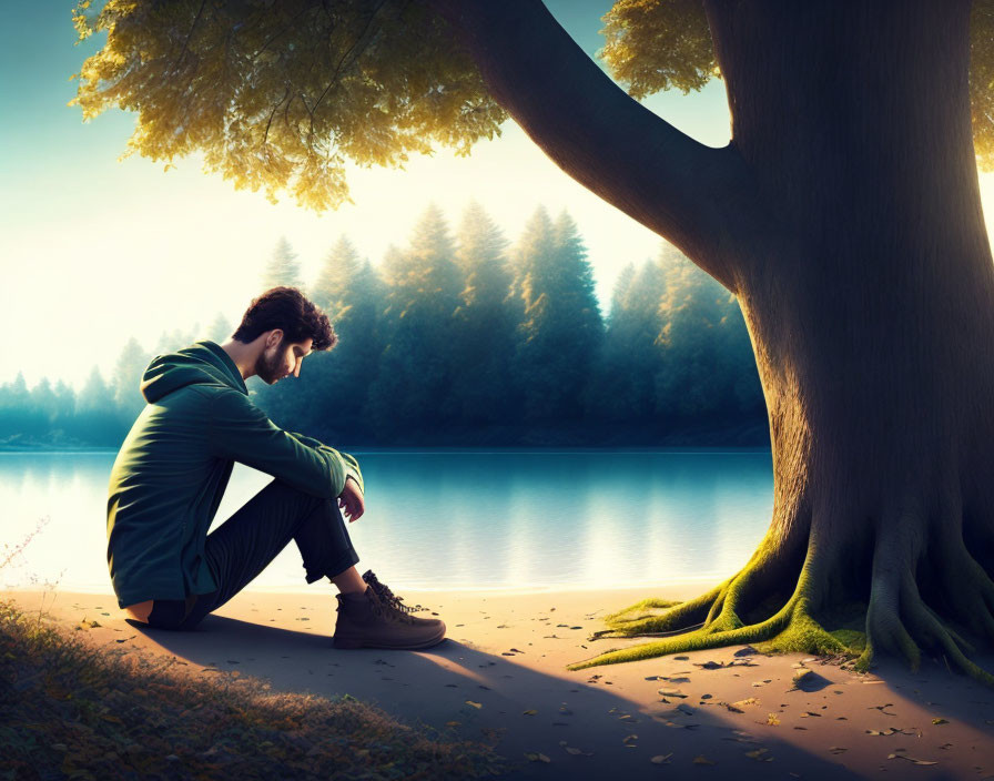 Man Contemplating by Tree at Sunset Lake