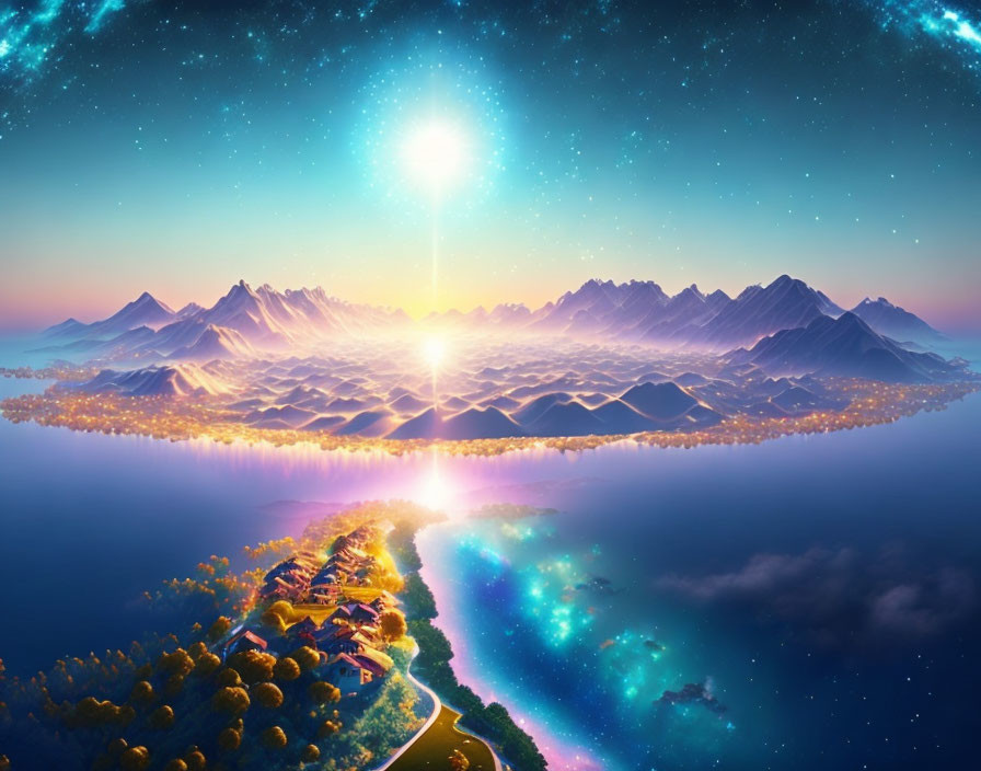 Scenic landscape with starry sky, mountains, lake, nebulae, and pathway