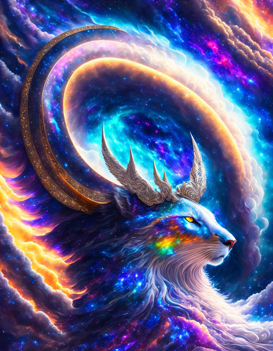 Winged cat-like creature in cosmic scene with crescent moon