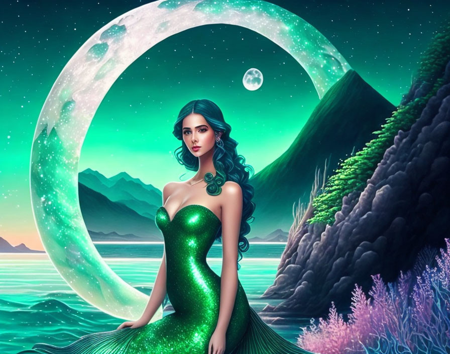 Dark-haired woman in green dress surrounded by surreal landscape with crescent moon and mountains.