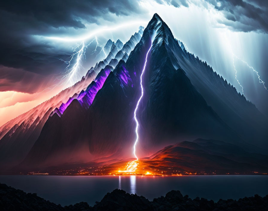 Eerie Majesty: Dark Mountain Pierced by Lightning