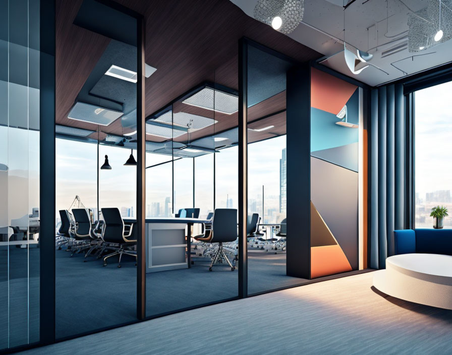 Modern office with glass walls, colorful accents, meeting area, city view