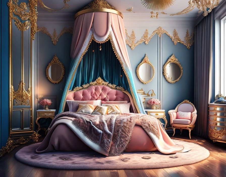 Elegant bedroom with ornate canopy bed, gold accents, plush textiles, classic furniture, and blue