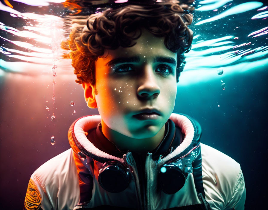 Curly-haired youth with headphones in surreal water scene