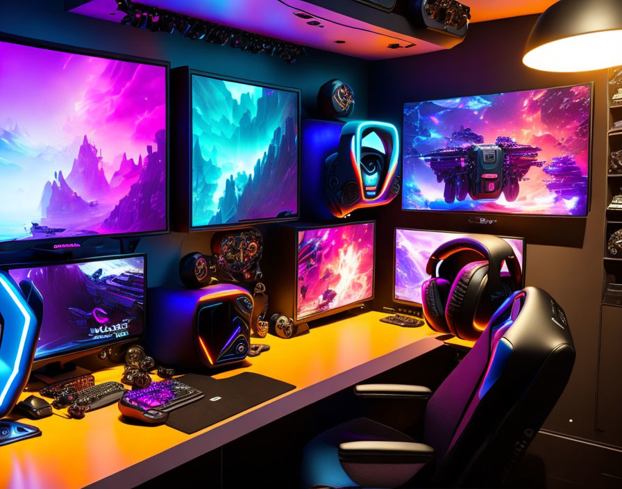 Modern gaming setup with multiple monitors and LED lighting