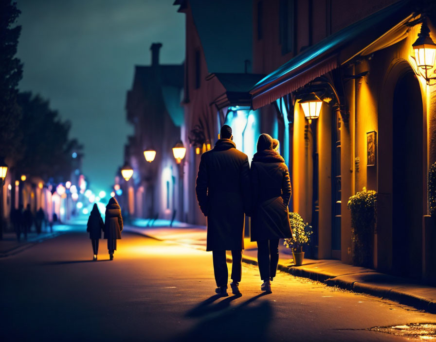 Nighttime city street with couple walking arm-in-arm