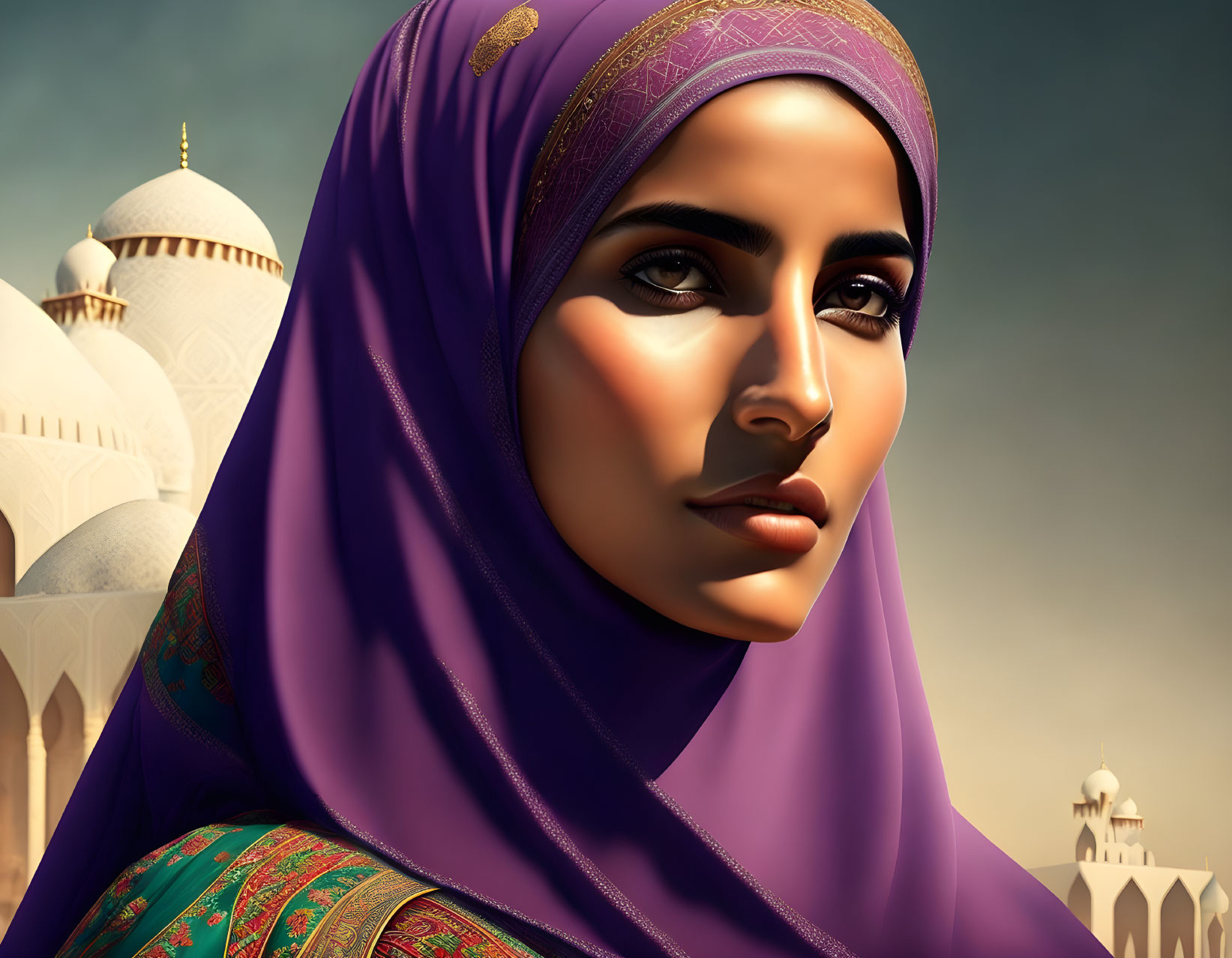 Detailed illustration of woman with purple headscarf and domed architecture background