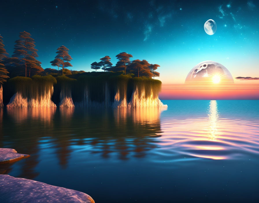 Fantasy landscape: floating islands, sunset horizon, large moon, stars, tranquil ocean