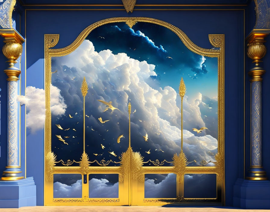 Golden gates against blue walls with intricate gold designs under a serene sky.