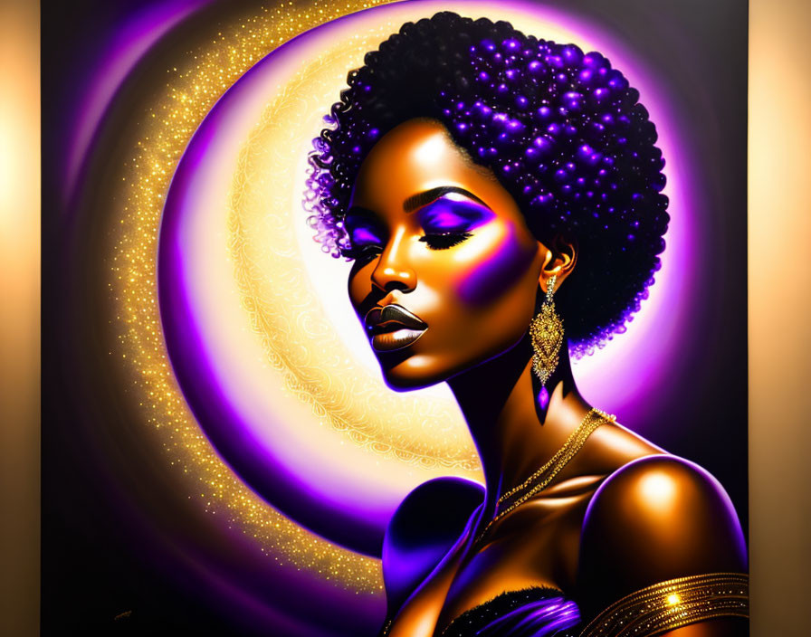 Vibrant Afro Woman with Glowing Skin and Golden Earrings on Spiral Background