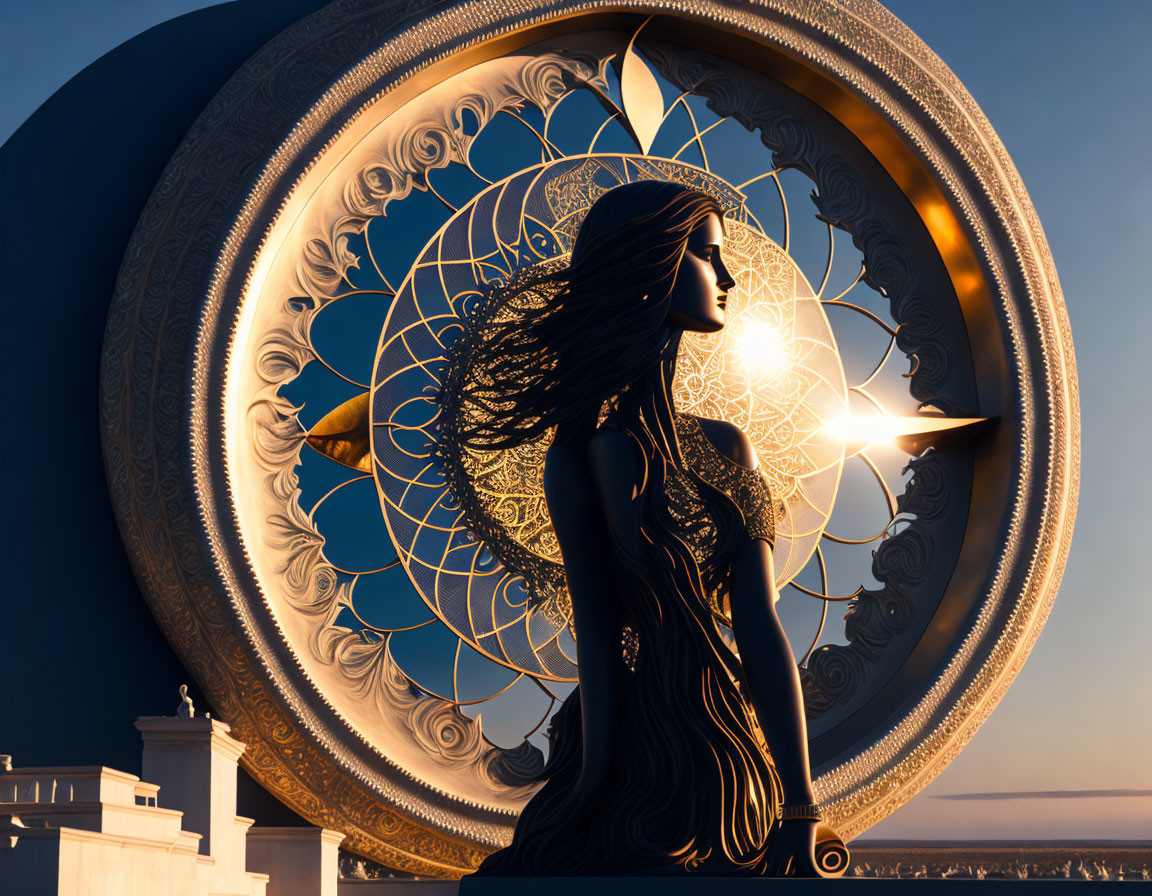 Silhouetted woman against golden circular backdrop with intricate patterns