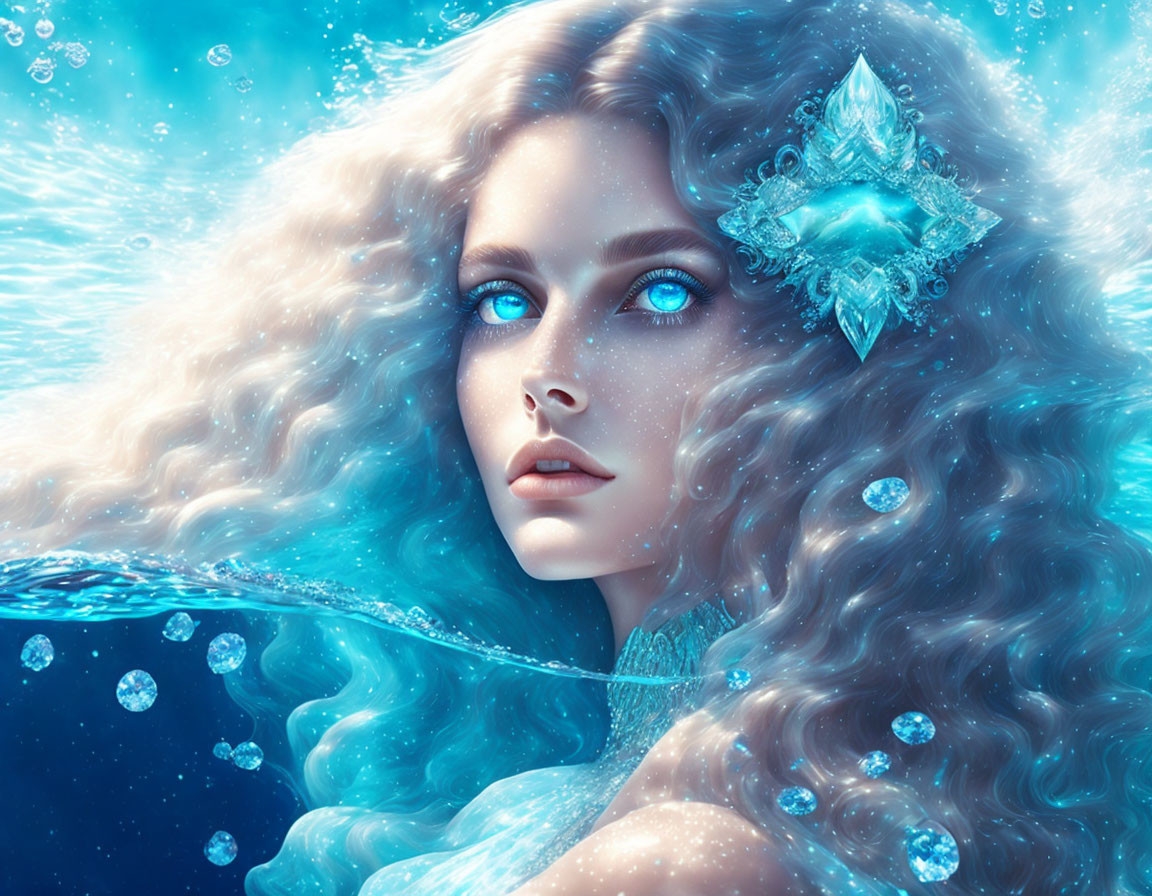 Blonde Woman with Crystal Butterfly Submerged in Water