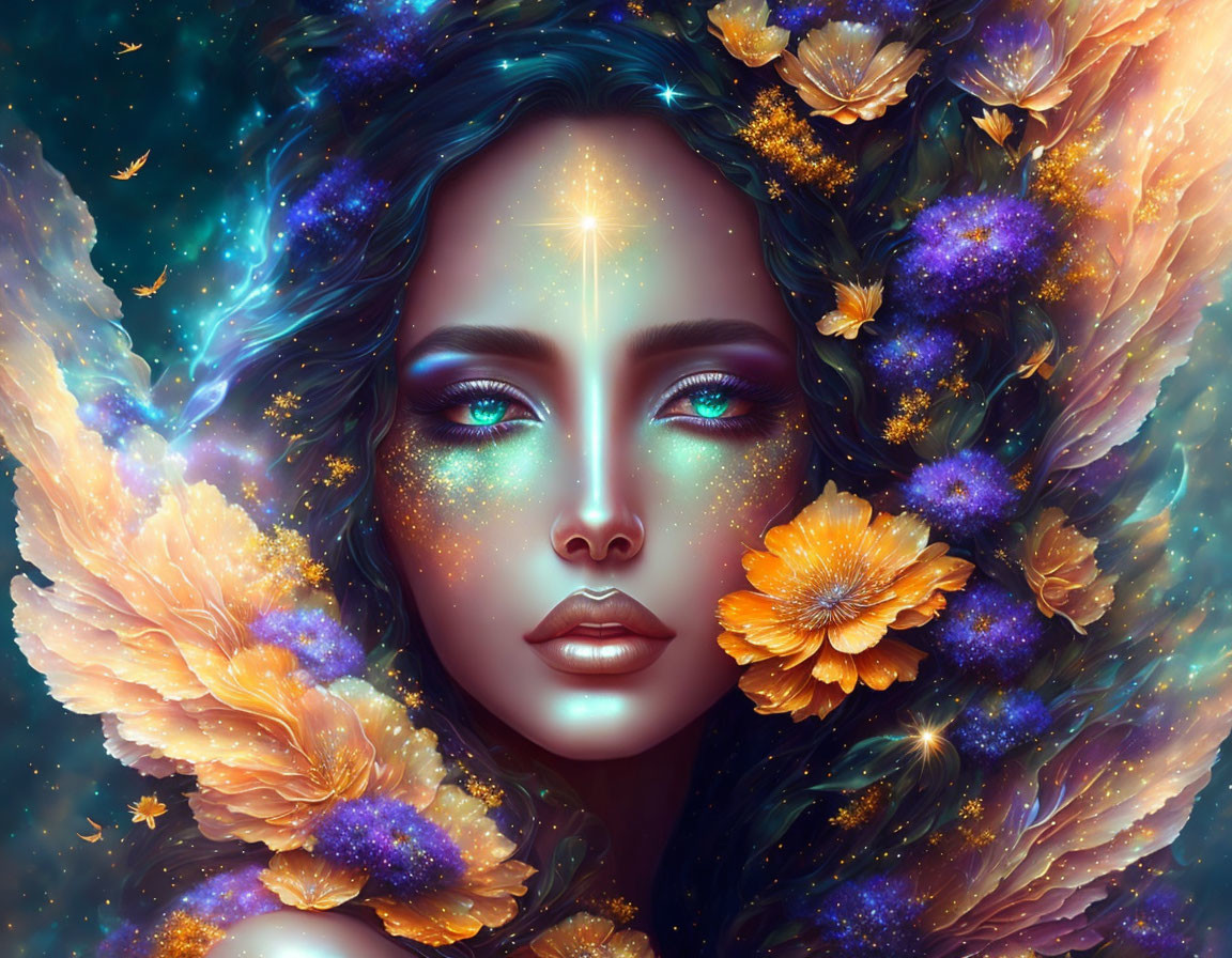 Galaxy-themed digital portrait of a woman with glowing butterflies and vibrant flowers