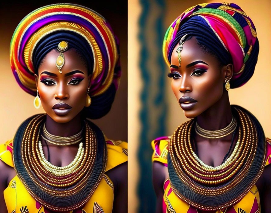 Colorful Headwear, Makeup, and Necklaces on Woman in Contrasting Backdrops