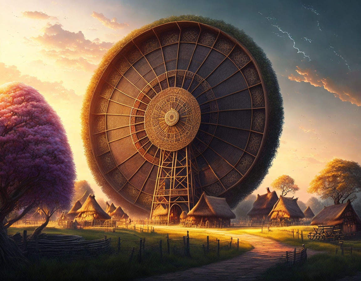 Fantastical sunset landscape with thatched-roof huts and ancient stone wheel.