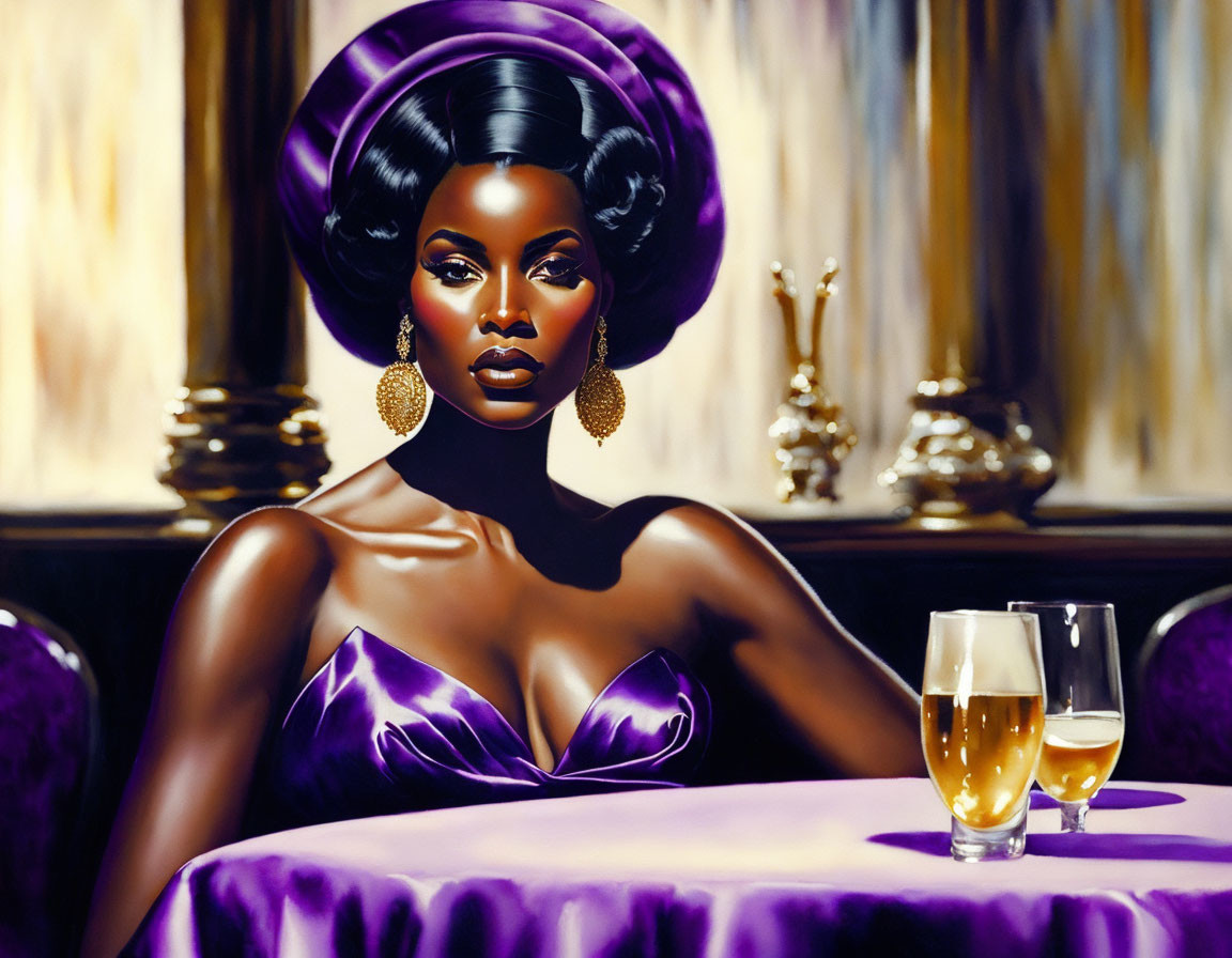 Woman in Purple Headpiece and Gown at Table with Amber Drinks