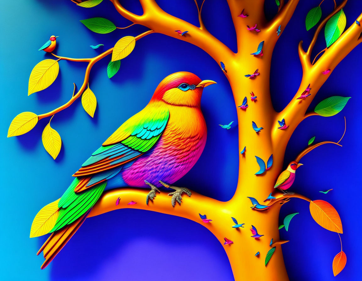 Colorful bird on orange tree in digital art