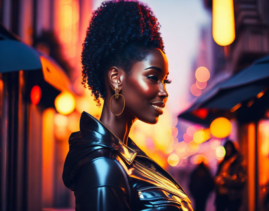 Woman with vibrant afro and leather jacket smiling in city lights at dusk