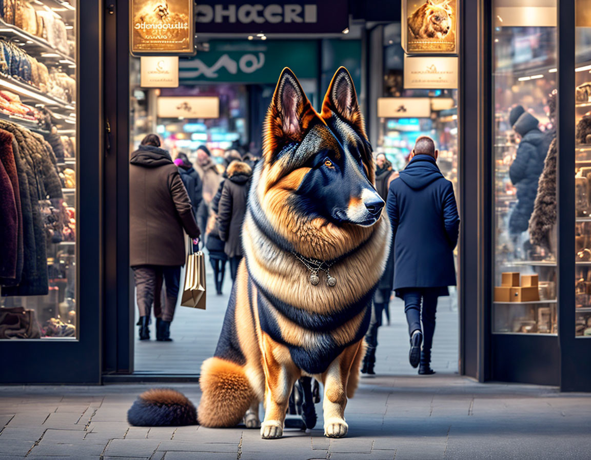 Alert dog with striking markings on busy shopping street