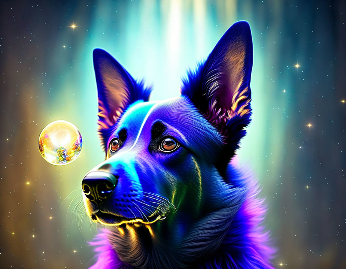 Vibrant dog art under starry sky with floating bubble