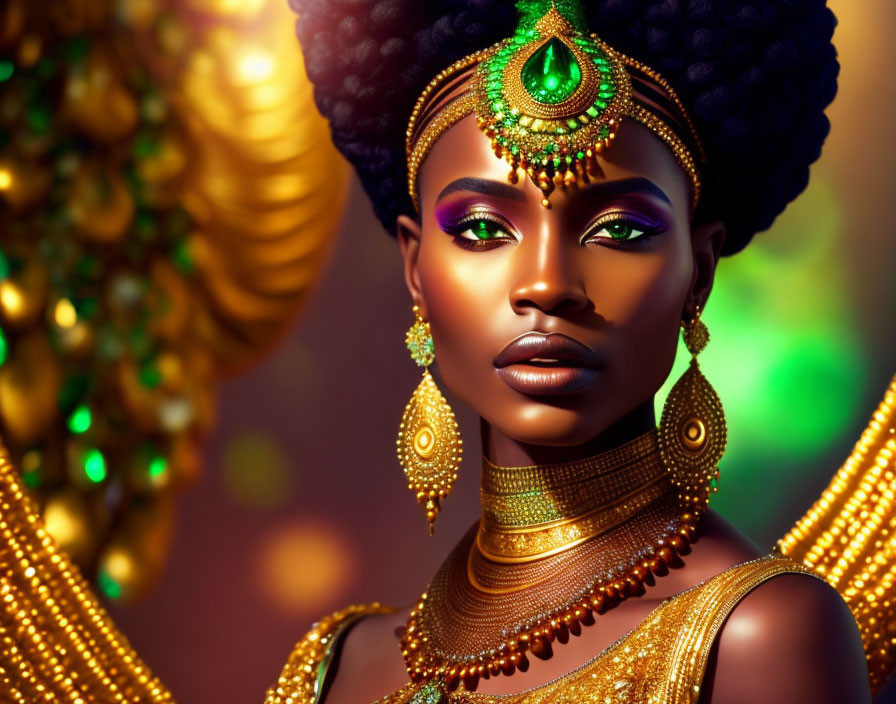 Digital artwork featuring woman in African-inspired attire with gold jewelry & green gem, set against warm background