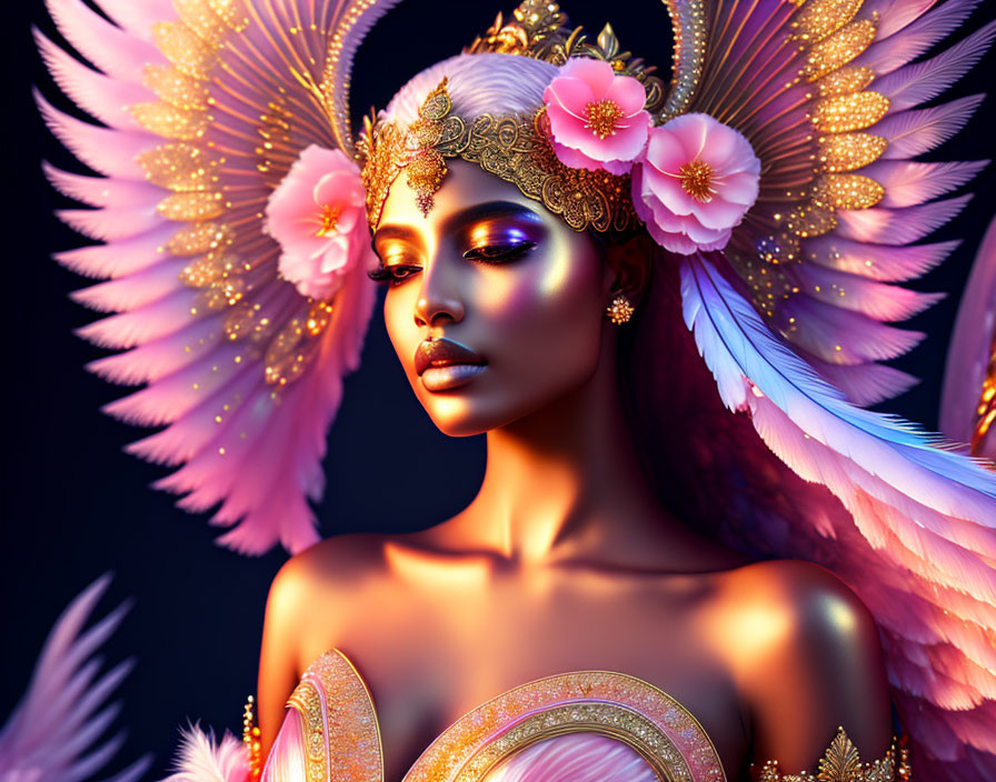 Regal figure with golden headpiece and pink blossoms, feathered wings, and ethereal glow