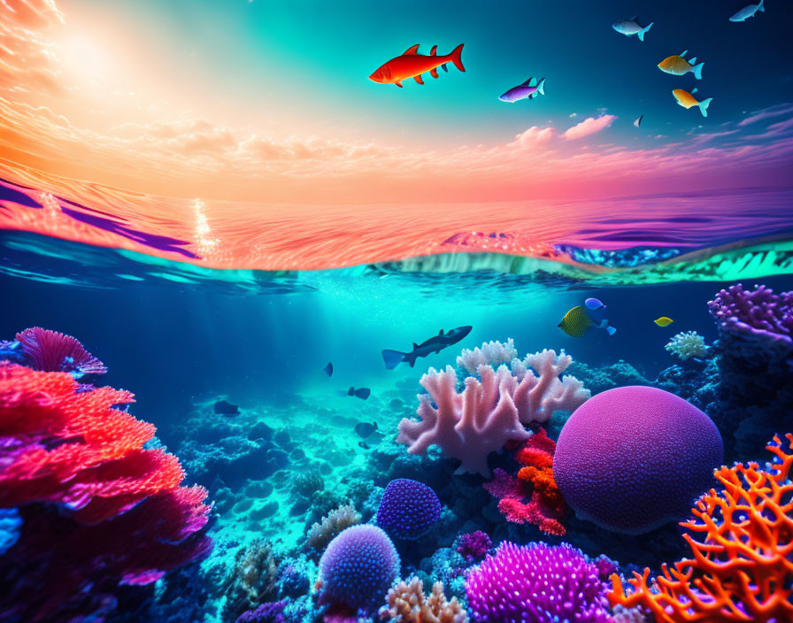 Colorful Coral Reef and Fish Under Sunset Sky