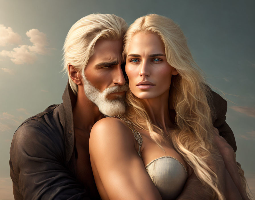 Digitally-created image of man and woman with similar features, blond hair, and intense blue eyes in