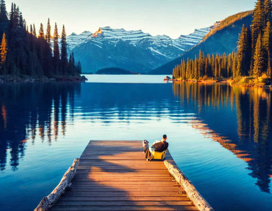 Person and dog on wooden dock overlooking lake and mountains at sunrise or sunset