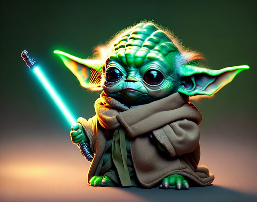 Baby Yoda-like character with blue lightsaber in brown robe.