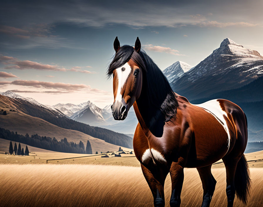 Brown horse with black mane in scenic landscape with hills and mountains