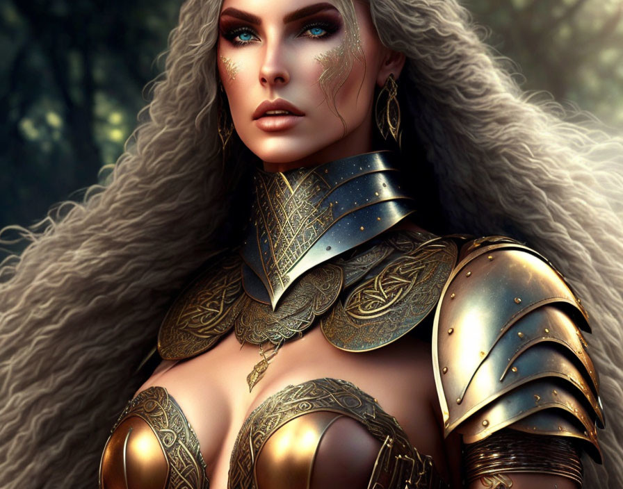 Female warrior digital artwork: white hair, golden armor, blue eyes, stern expression, shadowy forest