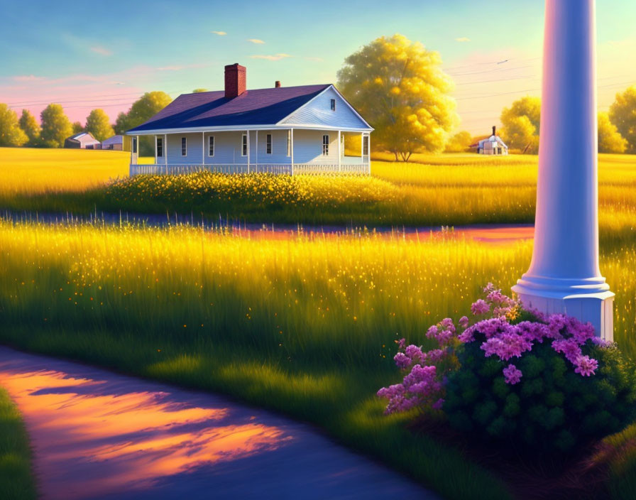 Golden field sunset scene with quaint house and purple flowers