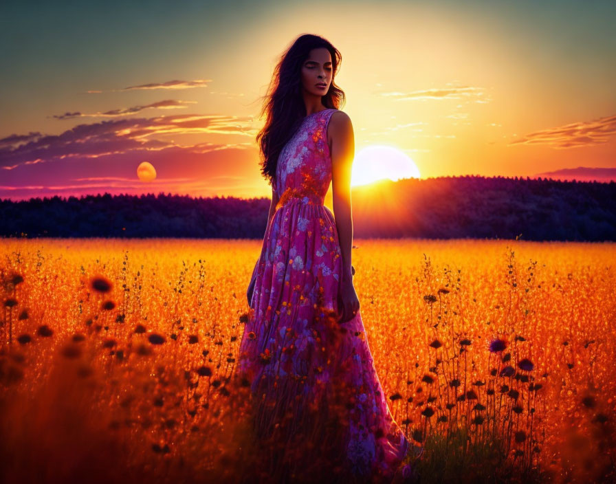 Woman in Floral Dress Standing in Vibrant Poppy Field at Sunset