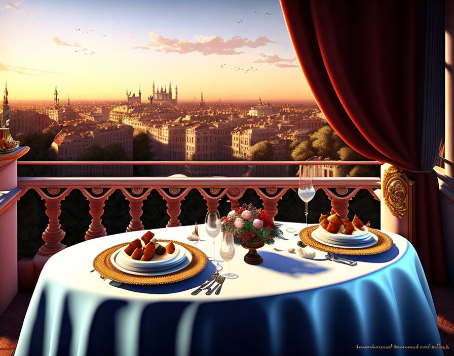 Intimate balcony dinner setup overlooking cityscape at sunset