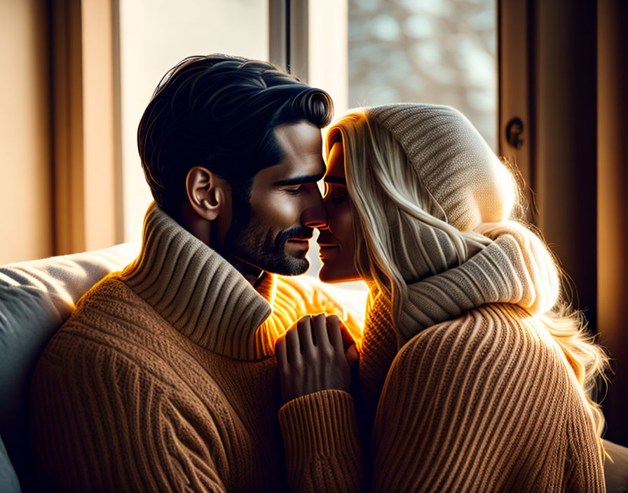 Intimate Couple in Cozy Sweaters Touching Foreheads