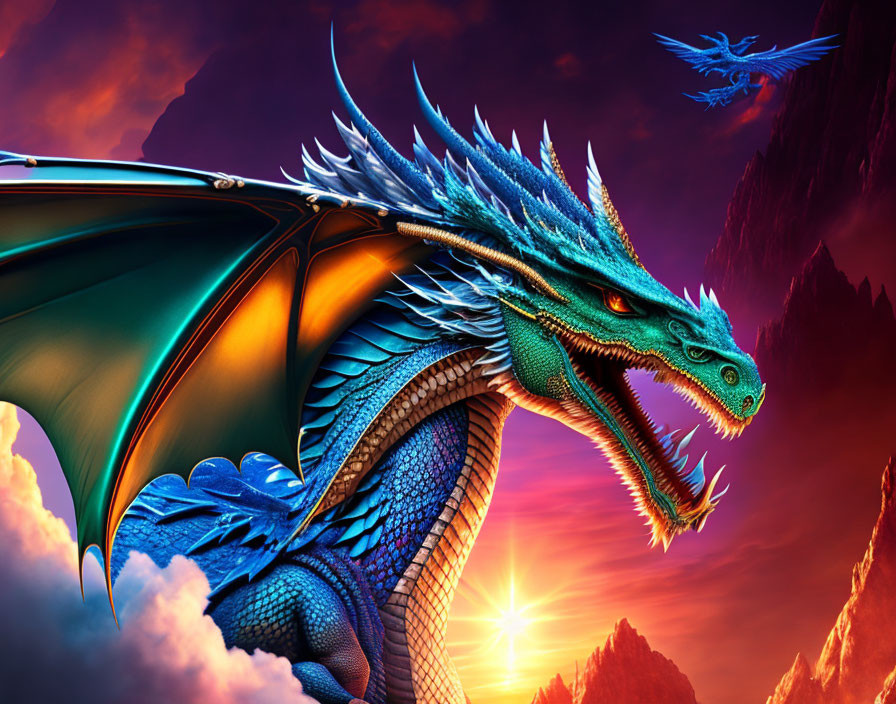 Majestic blue dragon in vibrant digital art.