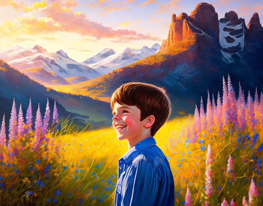 Boy in Blue Shirt Surrounded by Purple Flowers, Mountains, and Sunset