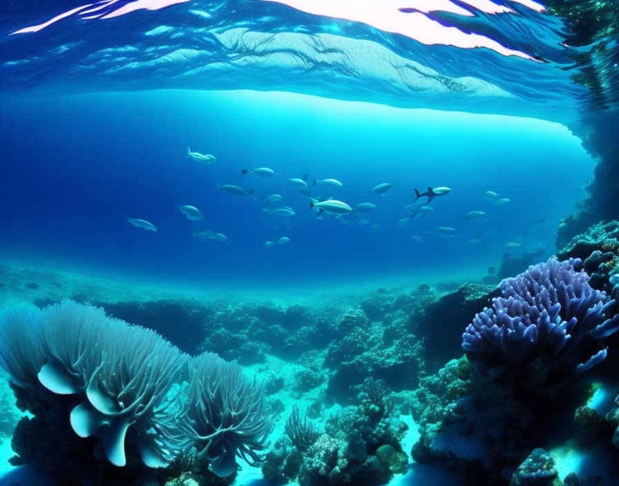 Vibrant coral and fish in clear blue water with light rays