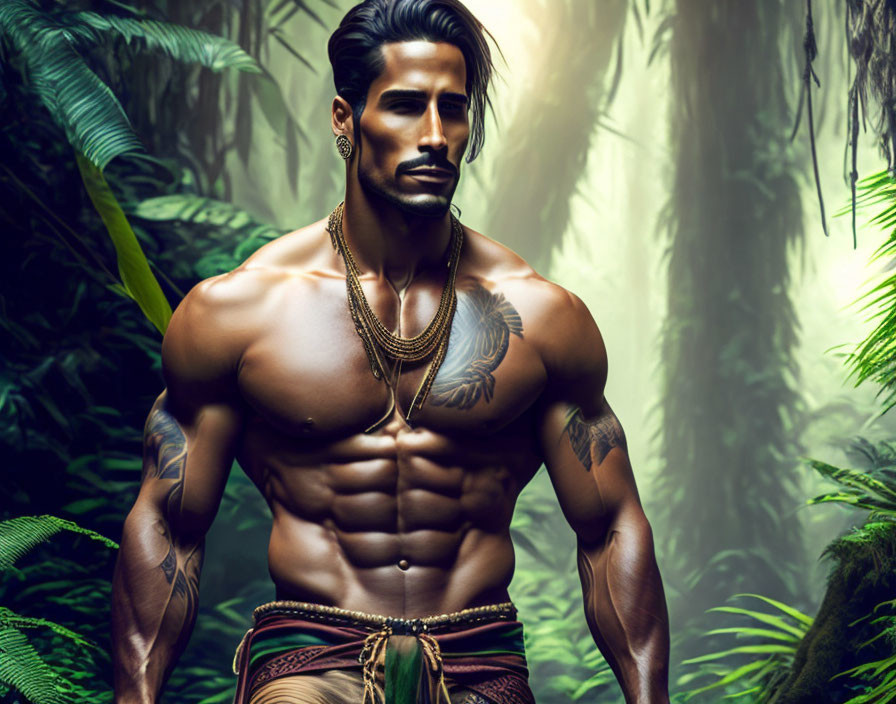 Muscular man with tattoos and jewelry in lush jungle