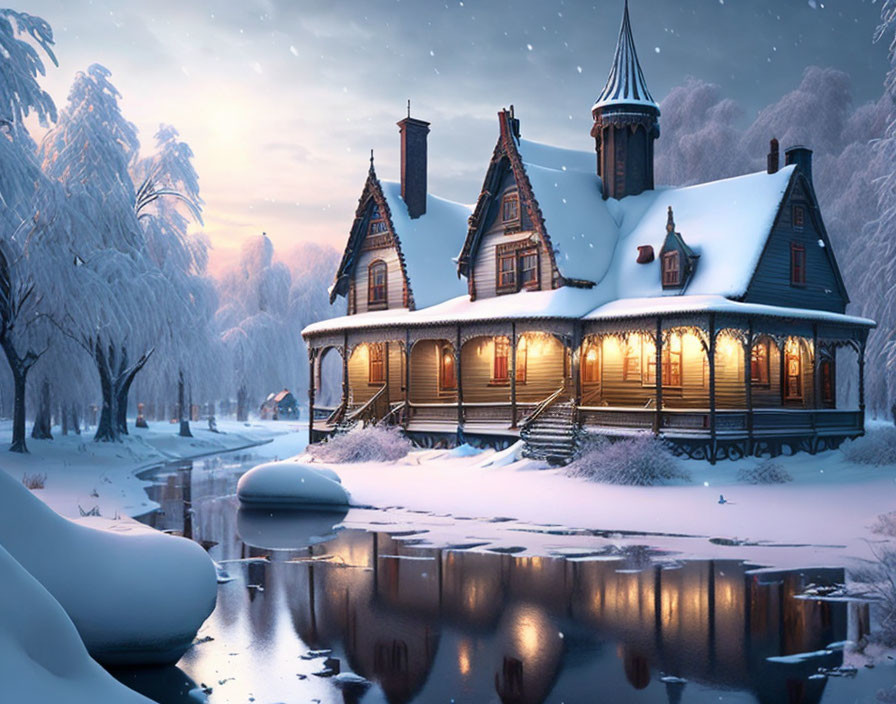 Snowy Winter Landscape: Two-Story House by Frozen River