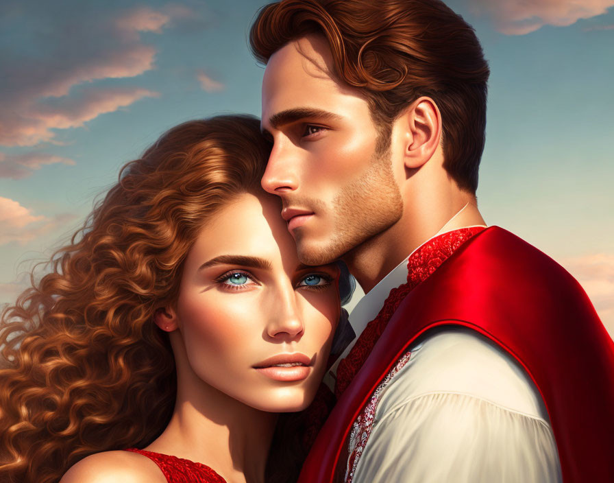 Romantic couple digital illustration with flowing hair in red garments