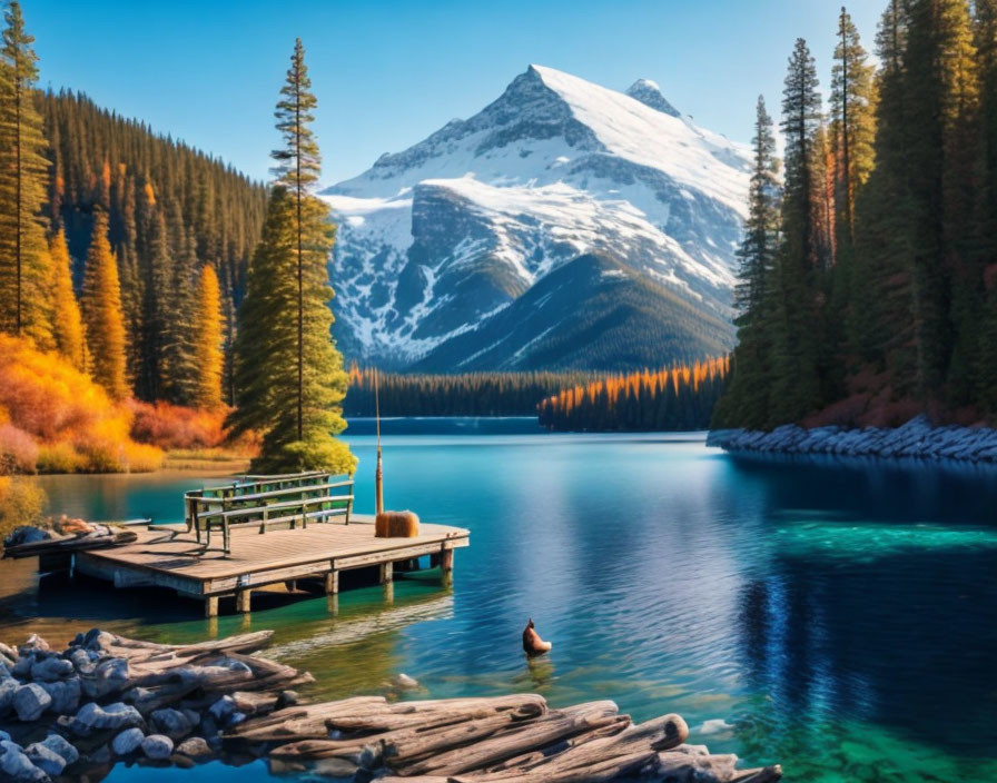 Scenic mountain lake with wooden dock and autumn trees.